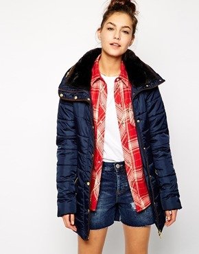 Only Contrast Trim Padded Coat - navy