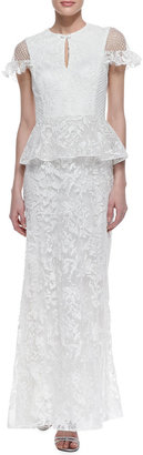 Tadashi Shoji Cap Sleeve Lace Peplum Gown, White