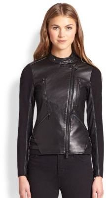 Haute Hippie Leather & Stretch Knit Motorcycle Jacket