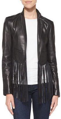 Neiman Marcus Cusp by Fringe-Trim Leather Jacket, Black