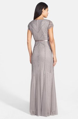 Adrianna Papell Beaded Mesh V-Neck Trumpet Gown