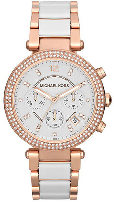 Michael Kors Mid-Size Rose Golden Stainless Steel Parker Chronograph Glitz Watch
