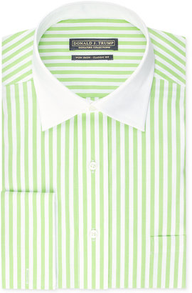 Donald Trump Donald J. Trump Non-Iron Bold Green and White Stripe French Cuff Shirt