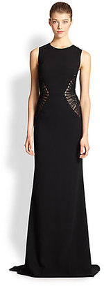 Carmen Marc Valvo Embroidery-Insert Crepe Gown