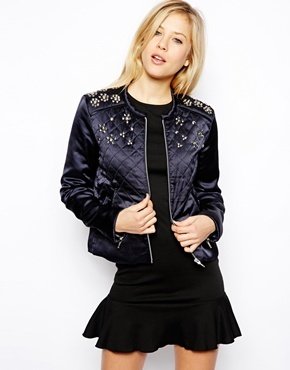 ASOS Quilted Jacket with Floral Embellishment - Navy