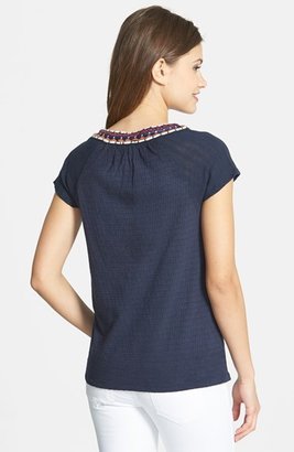 Lucky Brand Embroidered Split Neck Top