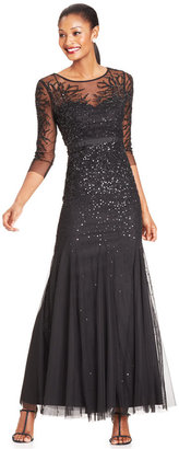Adrianna Papell Petite Illusion-Sleeve Embellished Pleated Gown