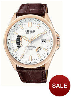 Citizen Eco-Drive Perpetual A.T. Rose Gold Plated And Brown Leather Strap Mens Watch