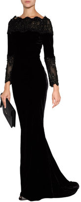 Marchesa Velvet Sequined Fishtail Gown in Black