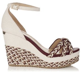 Jimmy Choo Parrot Off White and Mirto Patent and Woven Raffia Wedges