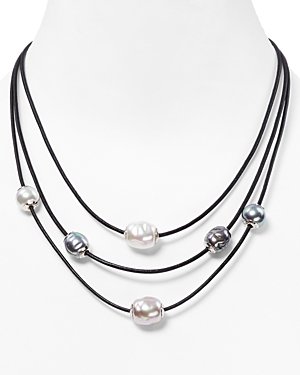 Majorica Thriple Strand Leather Necklace, 16
