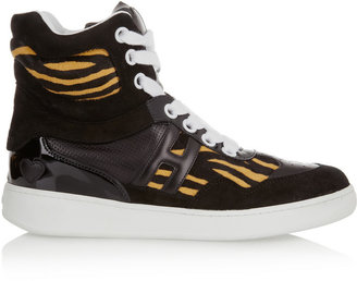 Hogan Katie Grand Loves Suede, leather and tiger-print calf hair sneakers