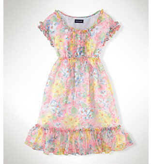 Ralph Lauren Childrenswear Girls' 7-16 Coral Floral Tiered Chiffon Dress