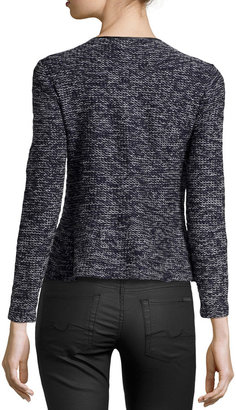 Neiman Marcus Looped Knit Faux-Leather-Trimmed Cardigan, Black/Gray