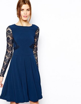 Warehouse Lace Sleeved Skater Dress