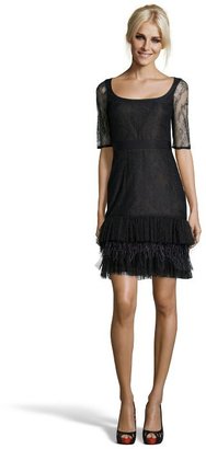 Marchesa Notte black lace and feather ruffle cocktail dress