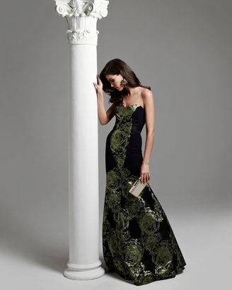 Theia Strapless Mermaid Gown with Large Rose Print, Black/Absinthe