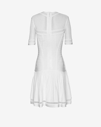 Herve Leger Mesh Detail Short Sleeve Flare Dress: White