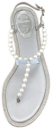 Rene Caovilla Pearly & Crystal Flat Thong Sandal, Silver