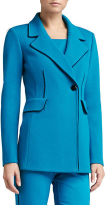 St. John Double Milano Knit Double Breasted Blazer with Silk Contrast Piping