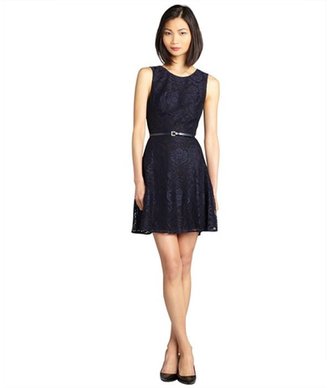 Ali Ro midnight blue and black belted lace sleeveless dress