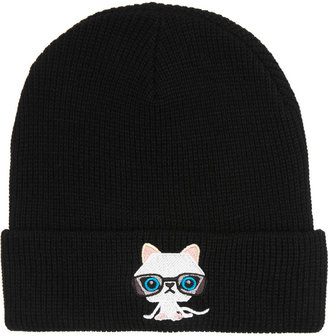 Karl Lagerfeld Paris Embroidered ribbed-knit beanie