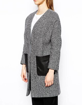 Helene Berman Edge to Edge Coat with Contrast Faux Leather Pockets