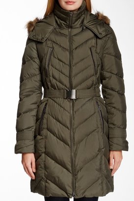 Cole Haan Faux Fur Hooded Puffer Coat with Belt