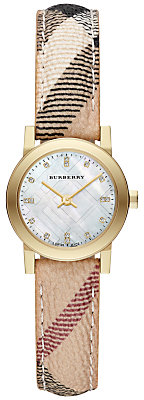 Burberry BU9226 Women's The City Mini Mother of Pearl Diamond Dial Watch, Gold  Brown Check