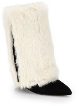 Jerome Dreyfuss Rabbit Fur & Suede Fold-Over Wedge Mid-Calf Boots
