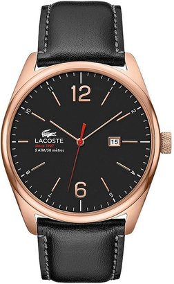 Lacoste Black Leather Rose Gold Plated Steel Strap Mens Watch