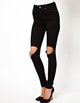 ASOS Ridley High Waist Ultra Skinny Jeans in Clean Black with Busted Knees