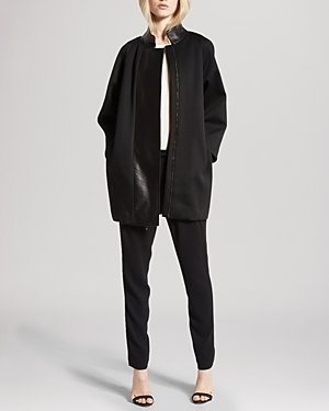 Halston Coat - Raglan Sleeve Leather Detail Cocoon