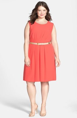 Tahari Belted Crepe Fit & Flare Dress (Plus Size)