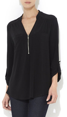 Wallis Black Plain Zip 3/4 Sleeve Shirt