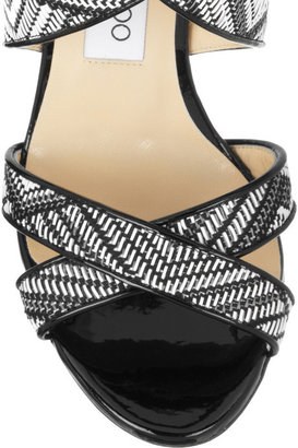 Jimmy Choo Lottie patent-leather and woven faux-raffia sandals