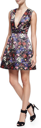 Alice + Olivia Kiro Deep-V Floral-Print Dress