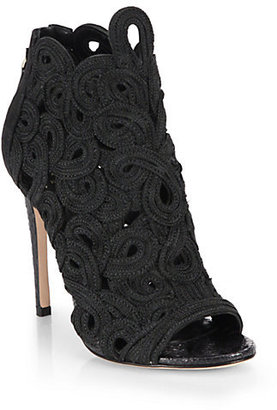 Brian Atwood Embroidered Textile & Suede Peep-Toe Ankle Boots