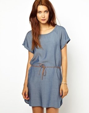 Sessun Easy Dress in Chambray with Leather Belt - Blue sky