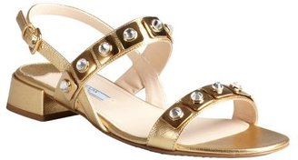 Prada gold crosshatched leather crystal embellished slingback sandals