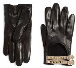 Valentino Rockstud Buckled Leather Gloves