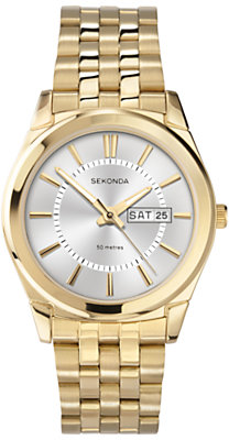 Sekonda 3450.27 Men's Gold Plated Day Date Bracelet Strap Watch, Gold/Silver