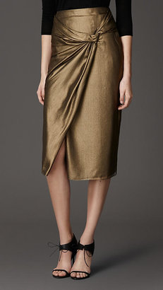 Burberry Lamé Silk Drape Detail Skirt