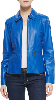 Neiman Marcus Zip-Front Pinched-Collar Leather Jacket