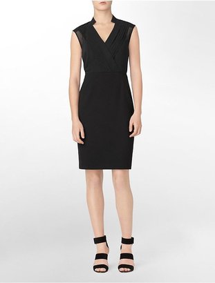 Calvin Klein Womens Sheer Accent + Pleated Sleeveless Shift Dress