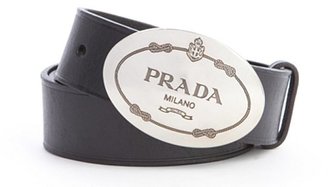Prada black leather engraved logo buckle classic belt