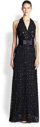 Milly Sequin-Dot Belted Emma Gown