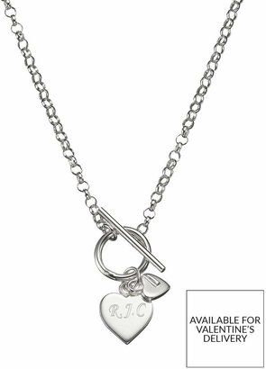 The Love Silver Collection Personalised Sterling Silver Double Heart Drop T-Bar Necklace