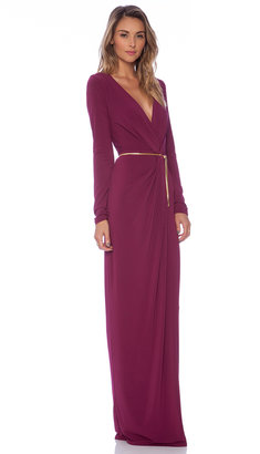Halston Long Sleeve Cross Over V Neck Gown