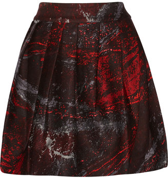 Halston Printed pleated silk-twill skirt